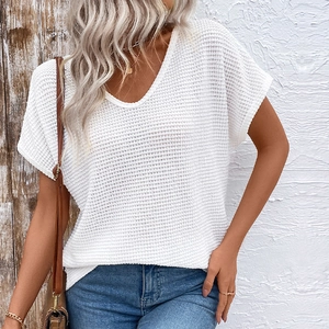 Women's casual white waffle knit V-neck t-shirt with stylish lace patchwork details