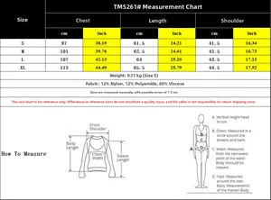Detailed size chart for women's V-neck top with measurements for S-XL and fabric guide