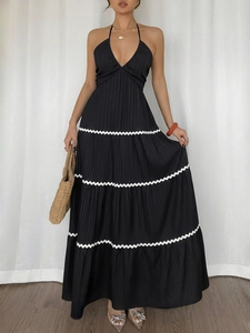 Summer black halter V-neck maxi dress with contrast zigzag trim and ribbed fabric texture