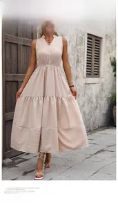Detail of beige sleeveless tiered maxi dress with V-neckline and textured fabric texture