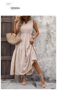 Detail of V-neckline with buttons and textured fabric on sleeveless beige maxi dress