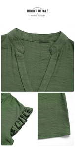Detailed view of dark green V-neck blouse with ruffle sleeves and textured cotton fabric