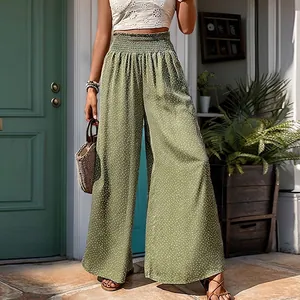 Women High Waist Polka Dot Wide Leg Pants Smocked Elastic Waist Flowy Summer Vacation Boho Style Green Daily Trousers