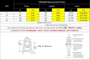 Size guide with CM and Inch measurements for the sleeveless V-neck printed maxi dress