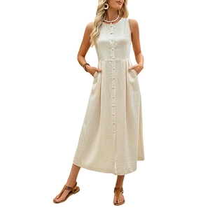 Elegant sleeveless beige linen-style midi dress with round neck and button front