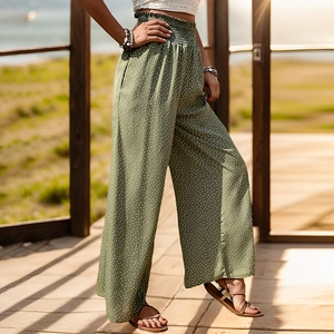 Olive green high-waisted wide-leg pants with white polka dot print for summer fashion
