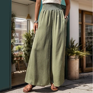 Olive green floral high waist wide leg pants with comfortable smocked elastic waistband