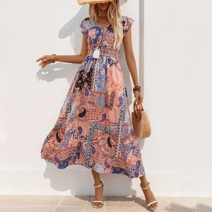 Women's Bohemian Paisley Printed V Neck Midi Dress Tassel Tie Smocked Waist Flutter Sleeve Vacation Summer Beach Dress