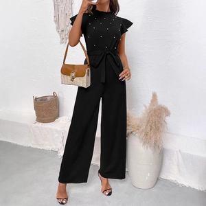 Elegant Women Black Artificial Pearl Embellished Jumpsuit Ruffle Collar Fly Sleeves High Waist Wide Leg Long Jumpsuit With Belt