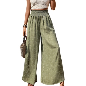 Women high waist wide leg pants in olive green with white polka dots for summer wear