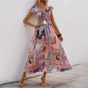 Bohemian paisley floral print maxi dress with V-neck and tassel ties for holiday