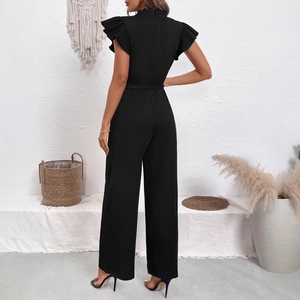 Elegant black wide-leg jumpsuit with flutter sleeves and waist belt shown from back