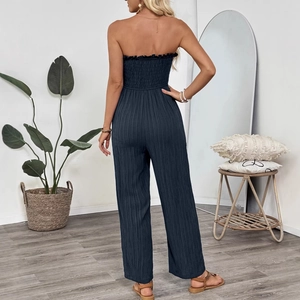 Elegant strapless backless jumpsuit with smocked bodice and wide leg texture in dark blue
