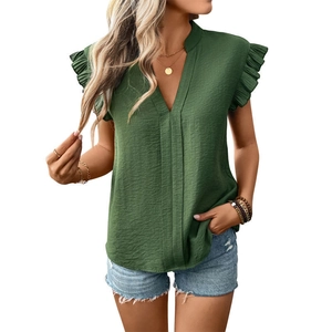 Women's V-neck dark green flutter sleeve top in textured chiffon fabric for summer