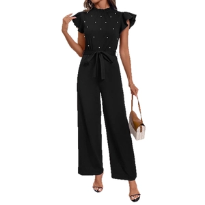 Elegant black wide-leg jumpsuit with pearl accents, ruffle sleeves, and a tied waist belt