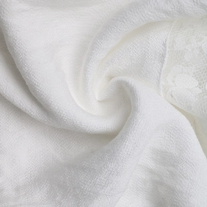 Detailed close-up of white textured fabric with elegant floral lace embroidery details