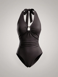 Sleek halter neck bodysuit with gold ring detail and pleated waist in dark coffee