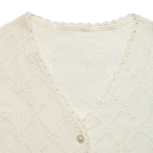 Detail of elegant V-neck lace trim and decorative pearl button on textured knit shirt