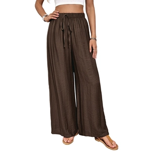 Women's high-waisted wide-leg trousers in coffee brown with drawstring and elastic waist