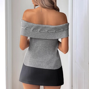 Slim fit off-shoulder ribbed knit top in grey with stylish back bow tie detailing