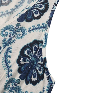 Detail of ethnic floral print and premium stitching on V-neck sleeveless dress