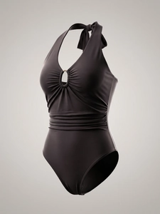 Solid coffee halter neck bodysuit with golden ring cutout and ruched waist design