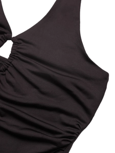 Sleeveless halter neck bodysuit in solid black with elegant ruched front detail