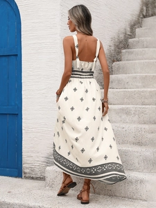 Bohemian white backless maxi dress with black ethnic embroidery for summer vacation