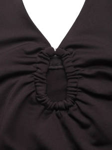 Sexy black sleeveless halter bodysuit with deep V-neck and keyhole pleated detail