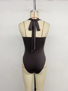 Back view of a sleek sleeveless bodysuit featuring a stylish halter neck bow tie design