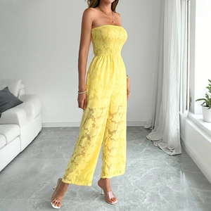 Combinaison Bustier Femme Jacquard Floral Taille Haute Jambe Large Vacances Été Élégante Combinaison Smockée