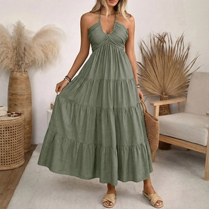 Women Halter V Neck Maxi Dress Tiered Backless Smocked Bohemian Summer Holiday Solid Color Viscose Blend Elegant Long Dress