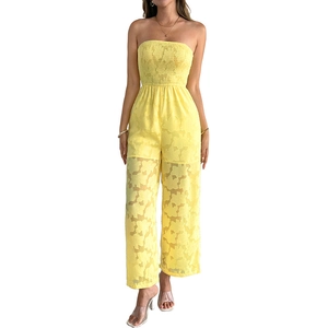 Combinaison bandeau jaune vif en dentelle à smocks avec pantalon large transparent