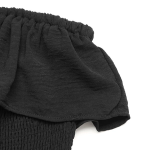 Detailed view of black smocked fabric with ruffled edges and elasticated neckline texture