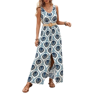 Bohemian V-neck sleeveless floral maxi dress with belt and high side slit