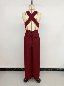 Detailed back view of burgundy jumpsuit showing crisscross straps and large waist bow knot