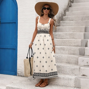 Bohemian Geometric Print Maxi Dress For Women Summer Vacation Ethnic Backless High Waist A-Line Sleeveless Long Dress