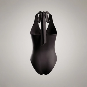 Deep grey halter neck bodysuit with backless design and elegant wide silk straps