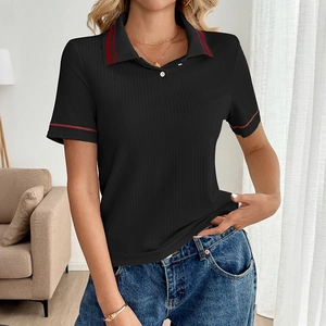 Women's black rib-knit polo shirt with red stripes on collar and cuffs, casual style