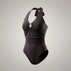 Black halter neck bodysuit with deep V-neck, gold ring detail and pleated front texture