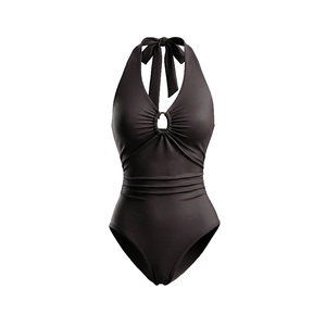 Sleek dark charcoal halter bodysuit with deep V-neck, metallic ring, and ruching detail