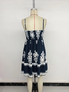 Detail view of the elastic shirred back and blue floral print on the summer sundress
