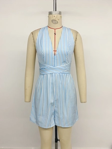 Detail view of blue and white striped romper featuring a deep V-neck and wrap waist detail