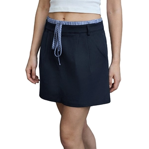 Women's A-line mini skirt with plaid pattern waist tie and side pockets in dark navy