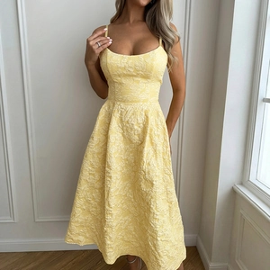 Women Elegant Jacquard Strappy Midi Dress Backless A Line French Style Vacation Party Summer Sleeveless Polyester Dress