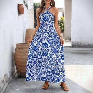 Bohemian blue and white porcelain print halter maxi dress with backless design for summer