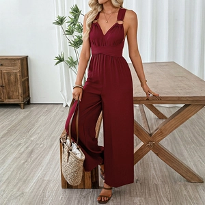 Elegant wine red sleeveless jumpsuit with cross waist design and wide leg cut style