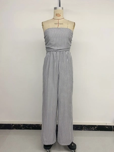 Detailed view of striped bandeau wide-leg jumpsuit on mannequin with vertical pattern