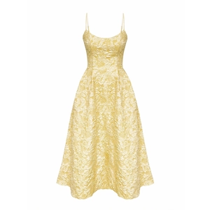 Elegant pale yellow jacquard sundress with thin straps and waist pleats on white background