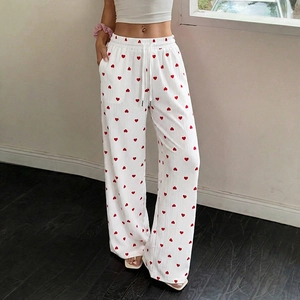 Pantaloni a Gamba Larga Donna con Stampa a Cuore Casual Vita Alta Elastico Coulisse Pantaloni Dritti per Casa Lounge Stile Dolce